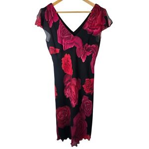 My Michelle Black Red Rose Floral‎ Sheer Overlay V Neck Dress Size 10